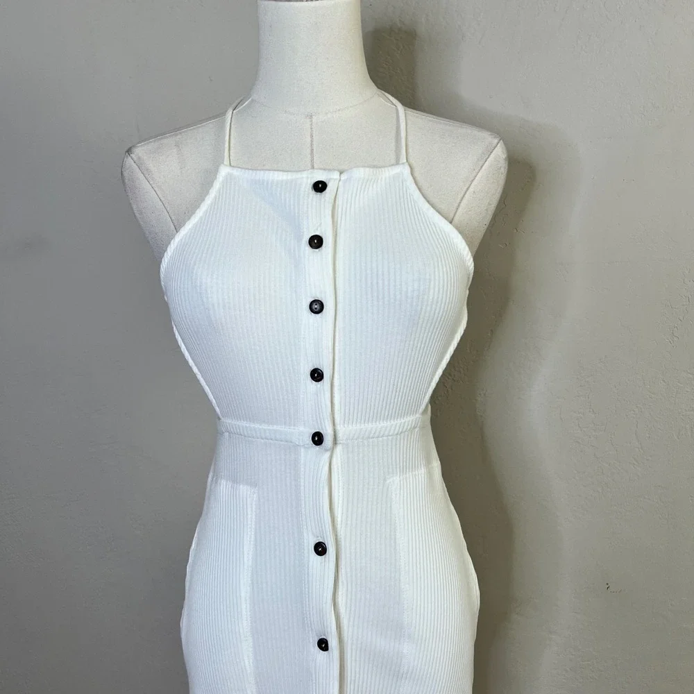 Free People Beach Dress Margaret‎ Midi Size XS Ivory Ribbed Halter Button NEW
